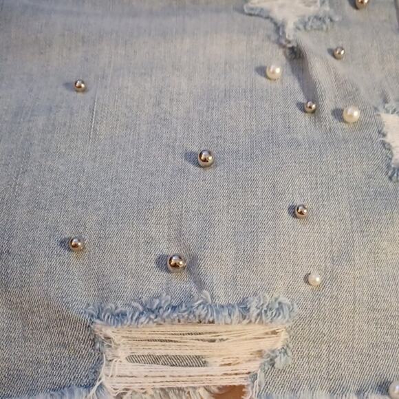 Dollhouse Denim Distress Jeans Skirt With Silver & Pearly Beads. Size 20 - Picture 4 of 16
